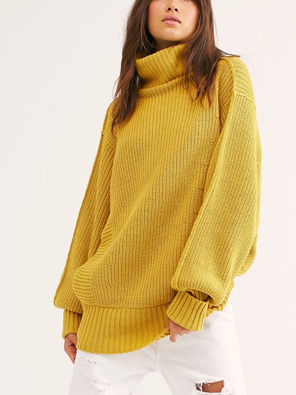 Free People Women's Cocoa Oversized Ribbed Knit Turtleneck Yellow Sweater Medium